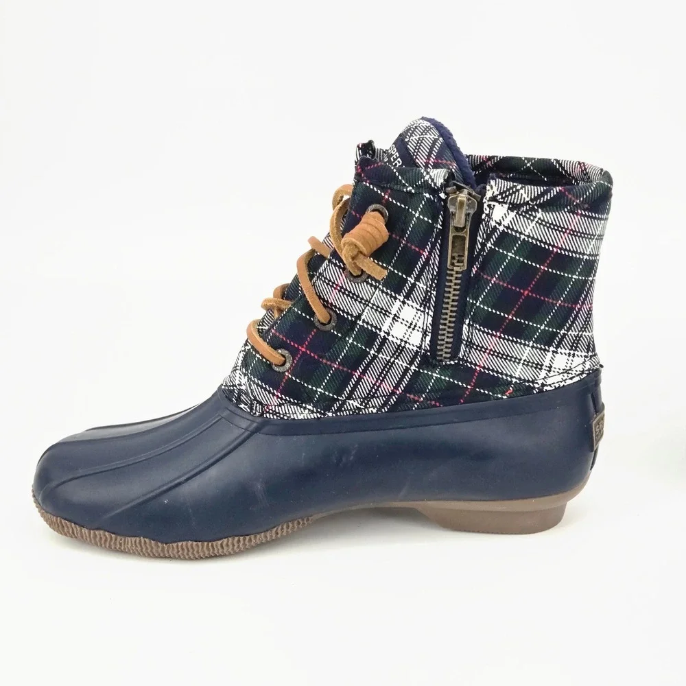 Sperry Top-Sider Saltwater Women Duck Boots Navy Plaid Winter Rain 5.5 Youth 4Y
